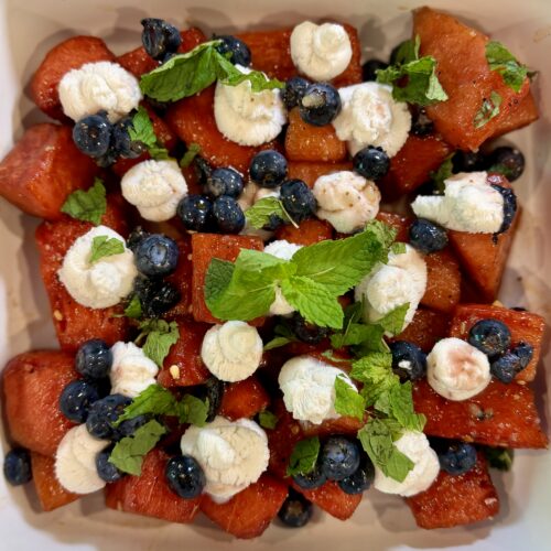 Balsamic Watermelon Salad with Whipped Coconut Cream & Blueberry Honey Drizzle