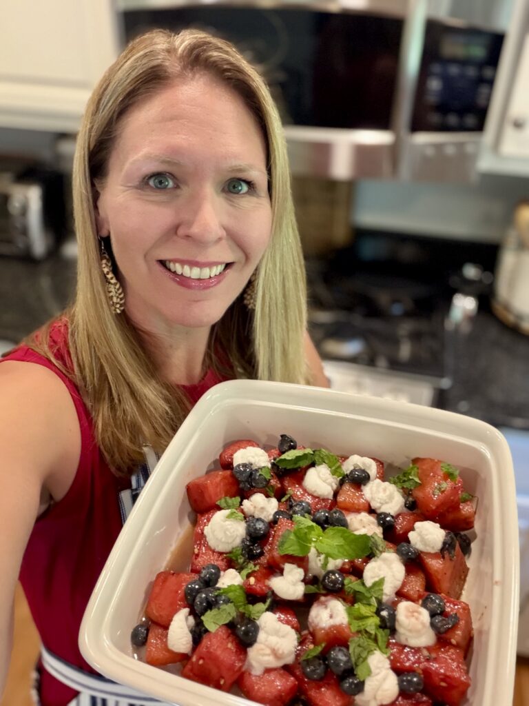 Balsamic Watermelon Salad with Whipped Coconut Cream & Blueberry Honey Drizzle
